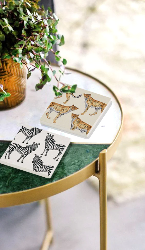 Zebra & Leopard Natural Stone Coasters, Set of 2